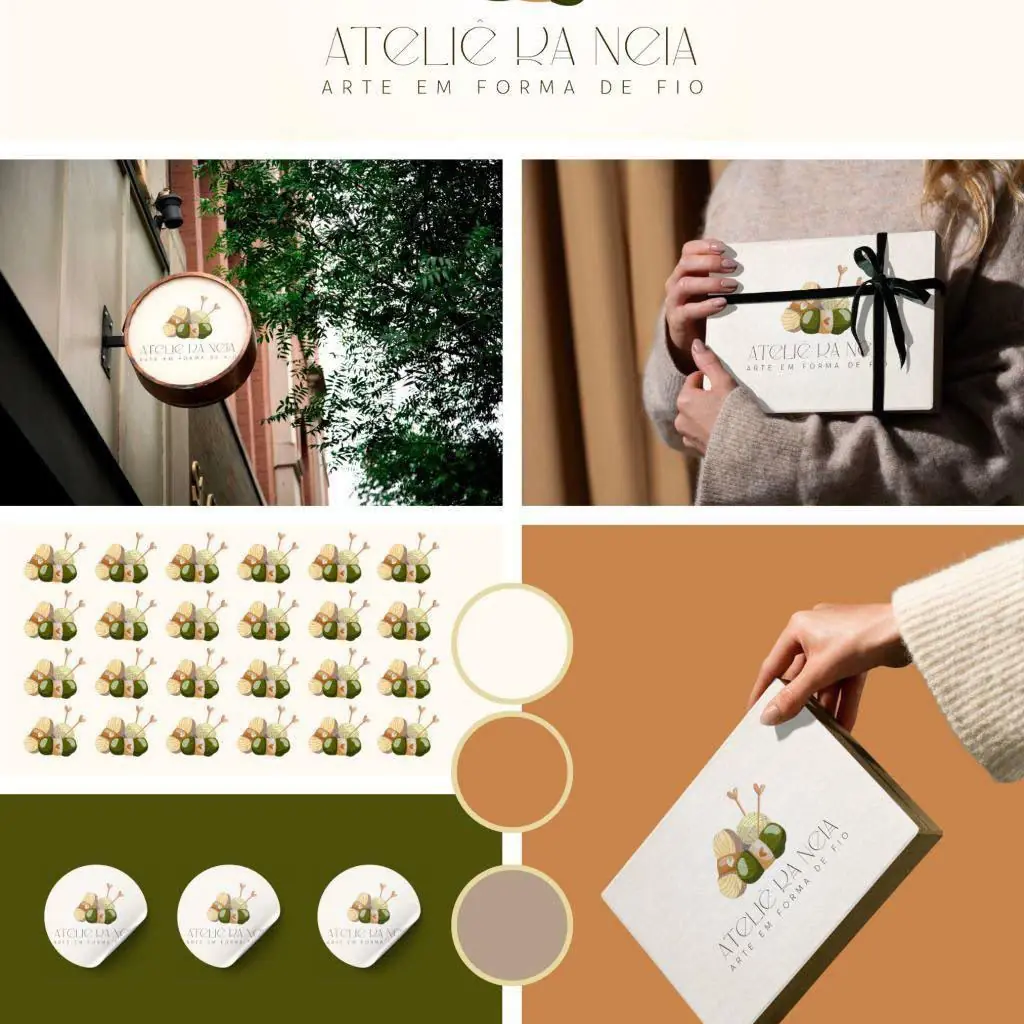 Projeto de identidade visual do Ateliê da Neca com aplicações e paleta de cores
