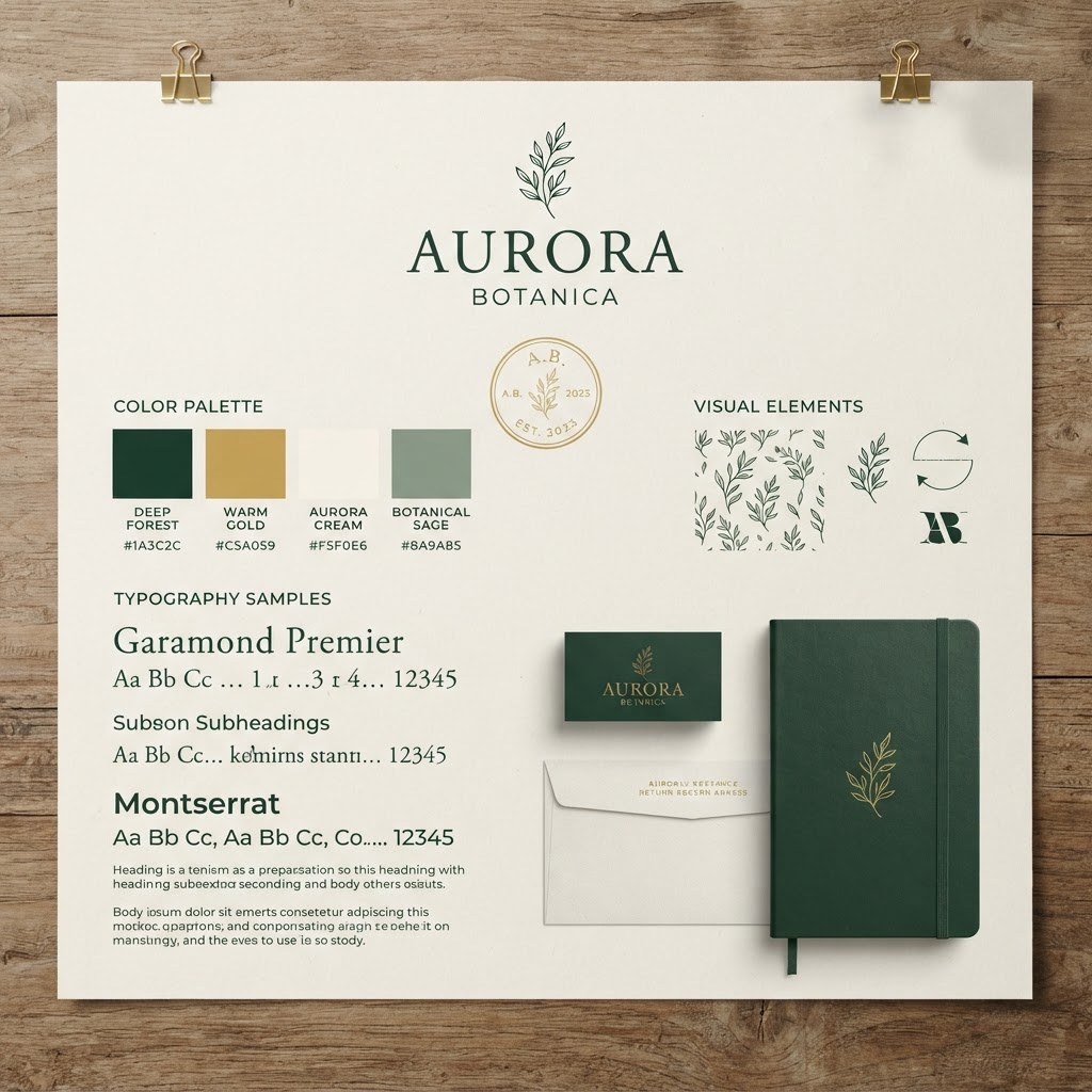 Exemplo de board de identidade visual com paleta de cores e tipografia