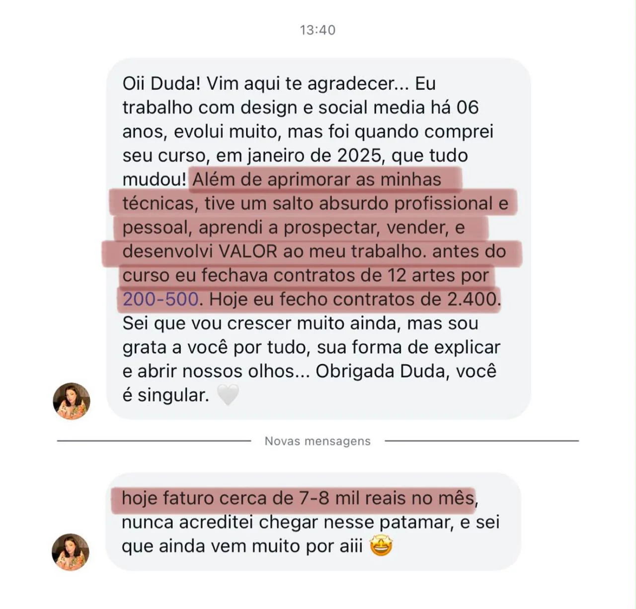 Depoimento de aluna sobre evolução profissional, novos contratos e aumento de faturamento