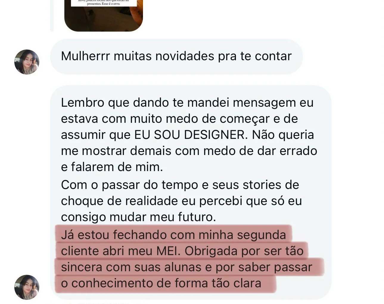 Depoimento de aluna sobre começar como designer, abrir o próprio MEI e fechar clientes